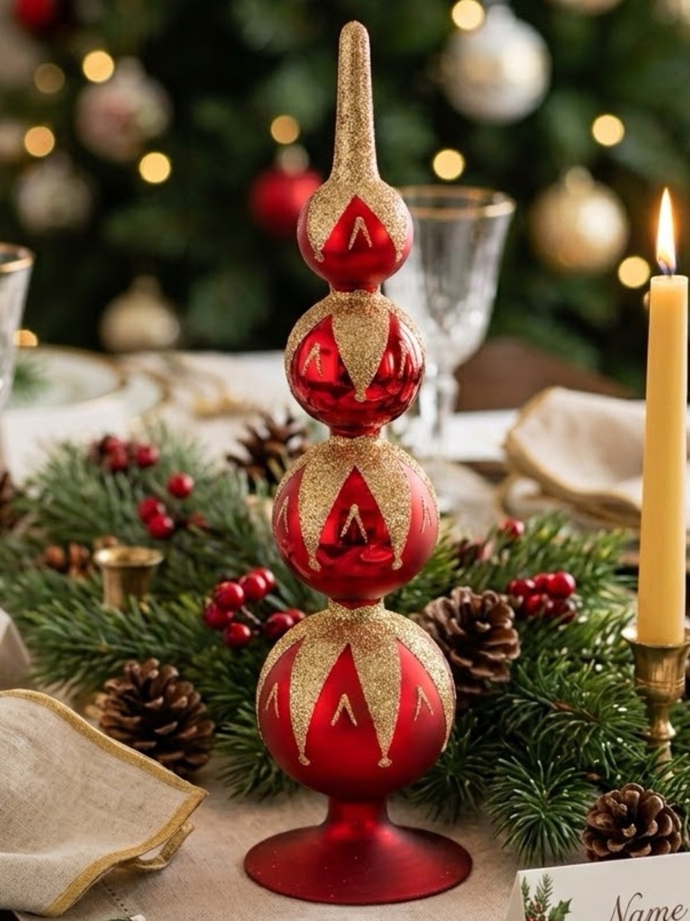 12” Red Gold Glitter Stacked Ornament Tree Tabletop Centerpiece Christmas Decor